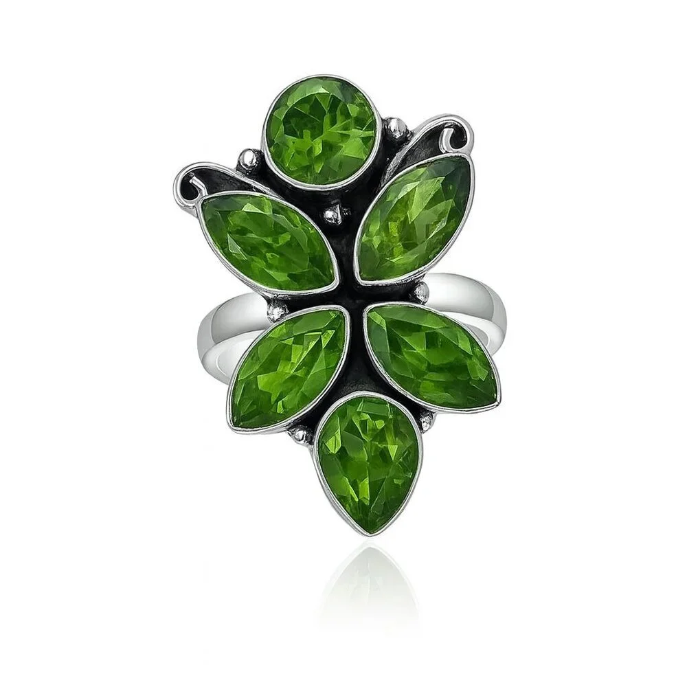 Genuine Peridot 925 Silver Multi-Stone Ring - Size 8.75 - Picture 5 of 5